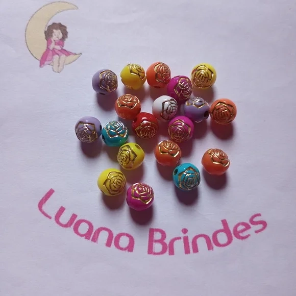 Bolinha Colorida com Flor Dourada 8mm Pct 100 Unidades