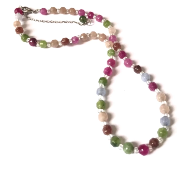 Choker Colar Jade Multicolor facetada com Inox e Cristais