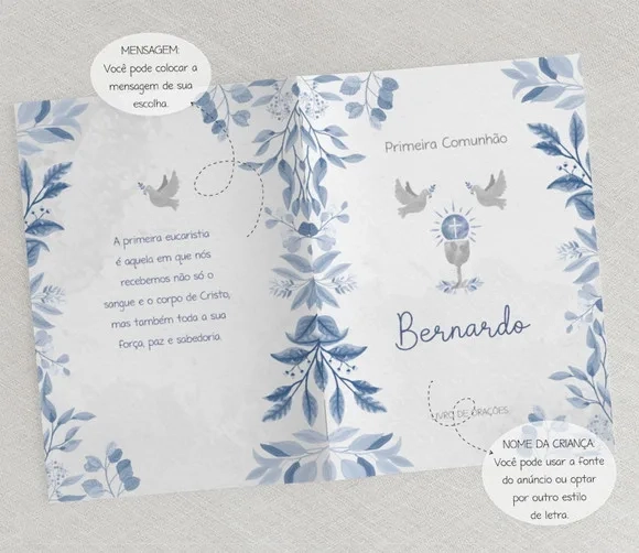 Lembrança Primeira Comunhão Menino - Orações - Azul Aquarela
