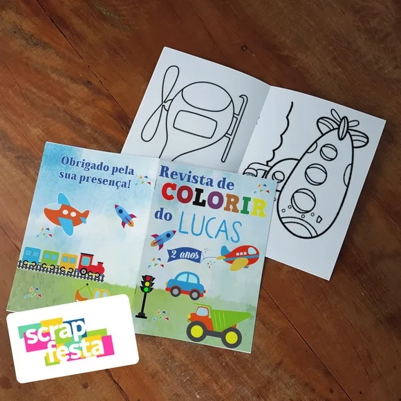 Revista Colorir + Giz de Cera Festa Meios de Transporte