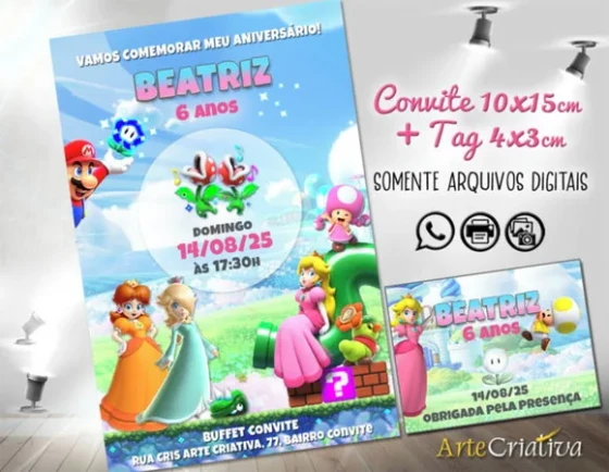 Convite Digital C/tag Super Mario Menina