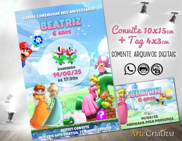 Convite Digital C/tag Super Mario Menina