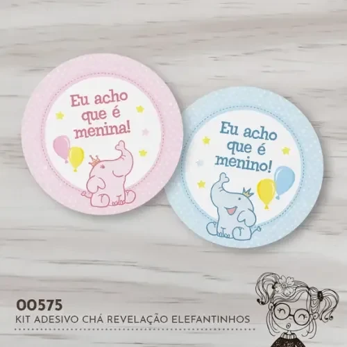 Kit Adesivos Redondos Chá Revelação Elefantinhos - 00575