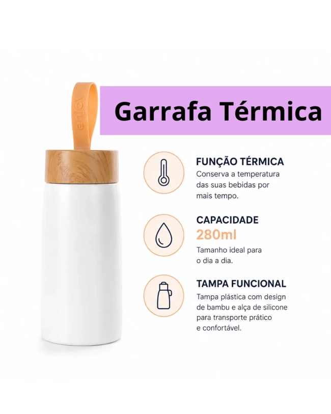 Garrafa Térmica 280ml Com Tampa de Bambu Personalizada Branca