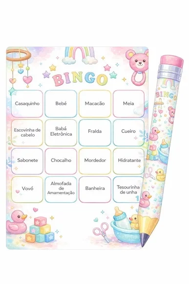 Bingo para Chá de Bebê + Lápis + Fichas
