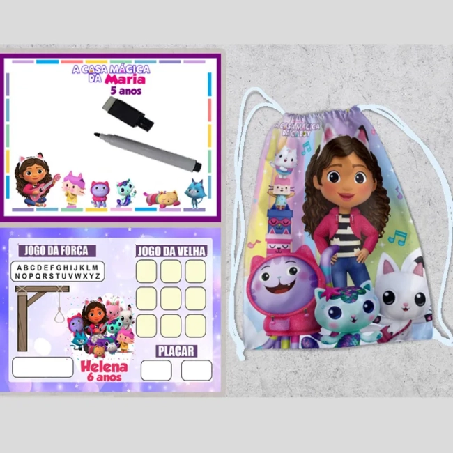 Kit Mochila e Lousa Magica para lembrancinhas da Casa Magica da Gabby