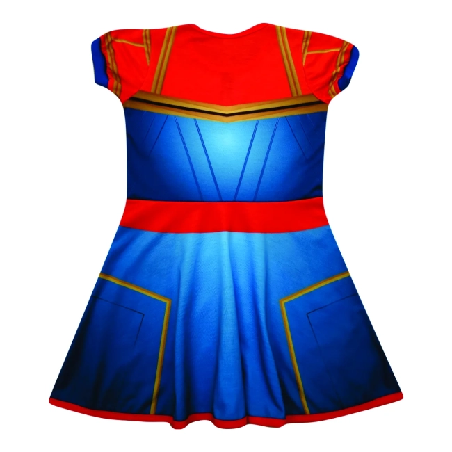 Vestido Infantil Fantasia Heroína Espacial Vermelho, Azul e Dourado com Estrela