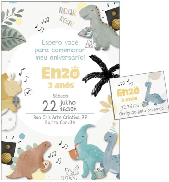 Convite Digital C/tag Dinossauros Musicais Aquarela