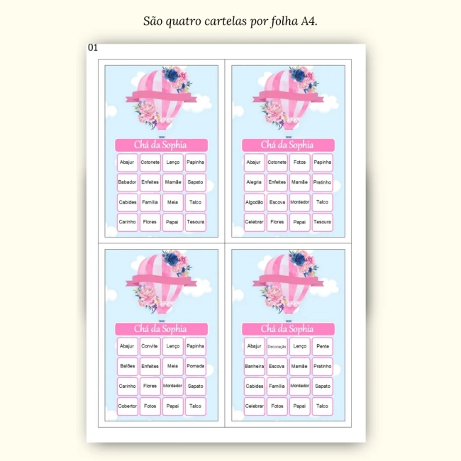 Bingo Chá de Bebê Menina Pdf Para Imprimir