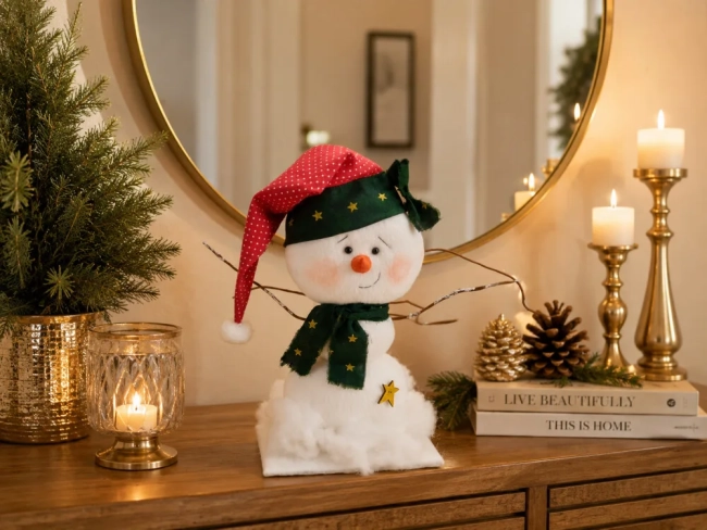 Boneco de Neve Natalino Artesanal em Feltro 24 cm | Decoração de Natal para Mesa, Aparador e Sala