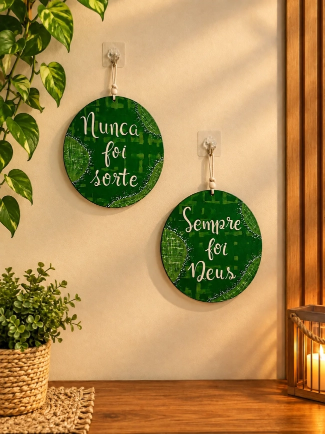 Kit 2 Placas Decorativas Parede MDF Nunca Foi Sorte Sempre Foi Deus 20cm