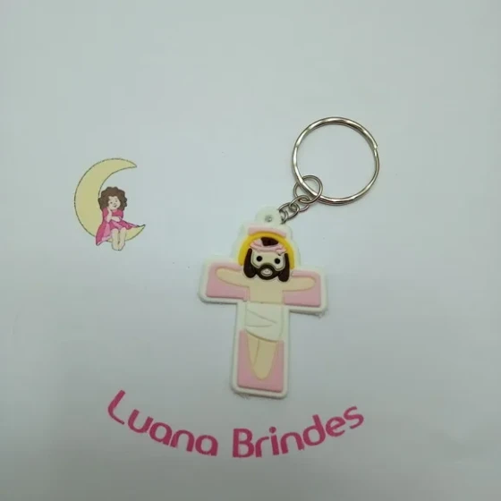 Chaveiro Crucifixo Rosa Branco Borracha 5cm Pct 3 Unidades