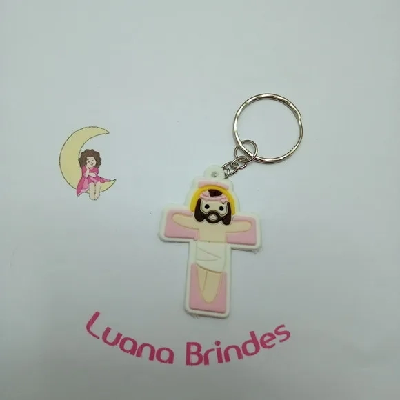Chaveiro Crucifixo Rosa Branco Borracha 5cm Pct 3 Unidades