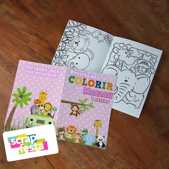 Revista Colorir + Giz de Cera Festa Safari Menina