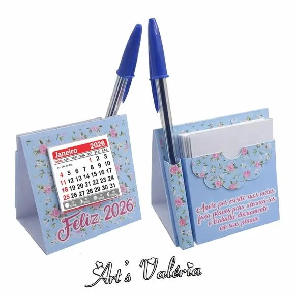 Mini Calendário de Mesa com Bloquinho e Caneta