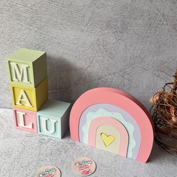 Cubos Decorativos Arco Íris Boho para Quarto de Bebê e Festa Infantil