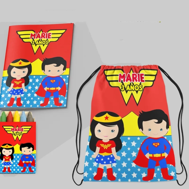 Kit Mochila e Revista de colorir para lembrancinha Mulher Maravila e Super Homem