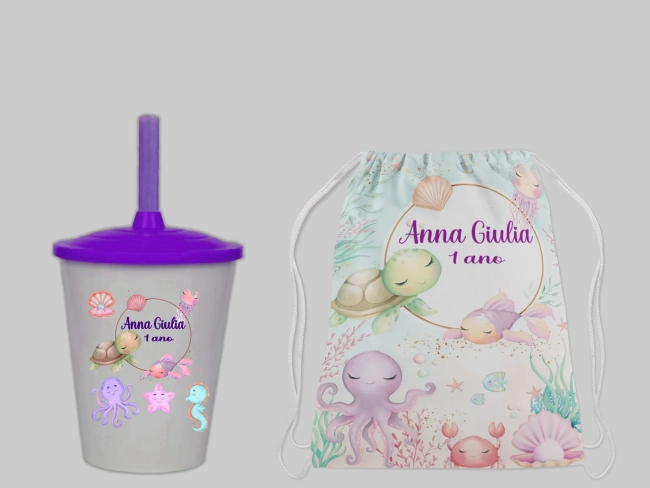Kit Mochila e Copo Twister Personalizado lembrancinhas  do Fundo do Mar
