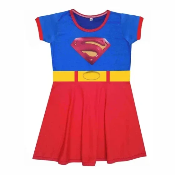 Vestido Infantil Fantasia Heroína Aço Azul e Vermelho com Cinto Amarelo