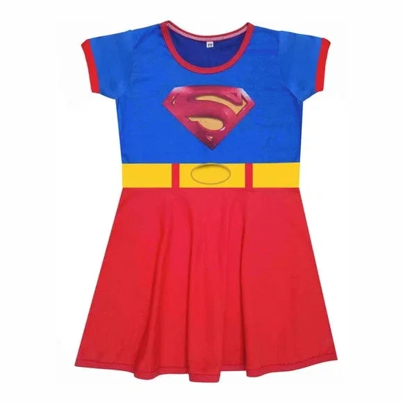 Vestido Infantil Fantasia Heroína Aço Azul e Vermelho com Cinto Amarelo