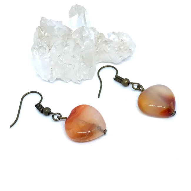 Brinco Ouro Velho Coração Ágata Natural (Estilo Boho / Vintage)