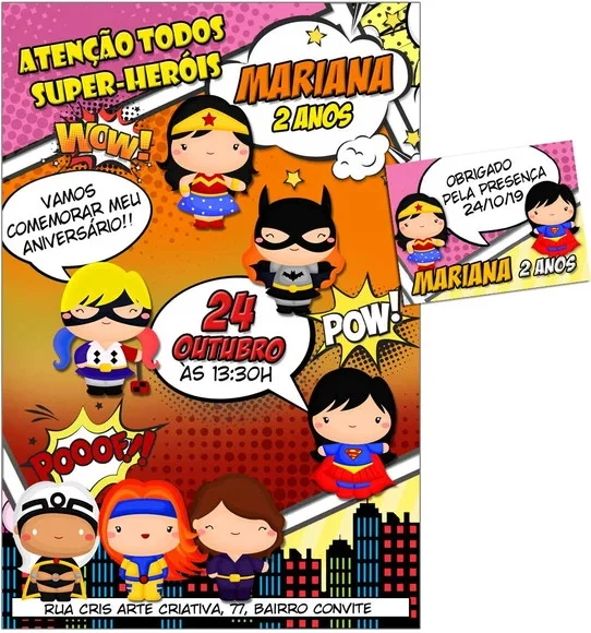 CONVITE DIGITAL C/TAG Heroinas Cute Gibi