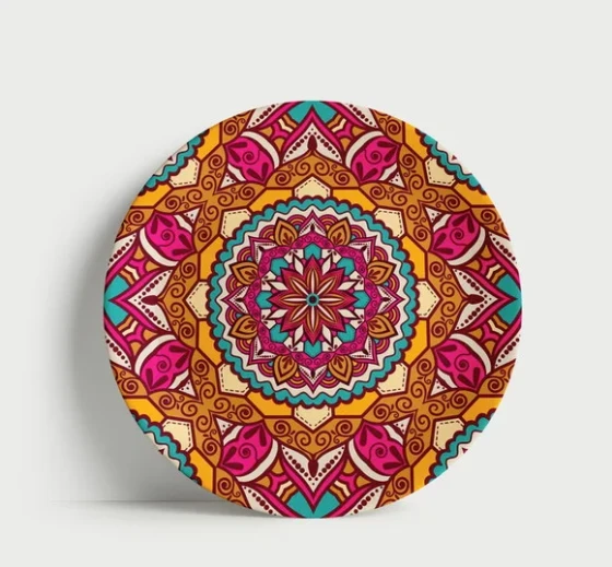 Prato Decorativo Mandala Geométrica Turquesa e Magenta 21cm