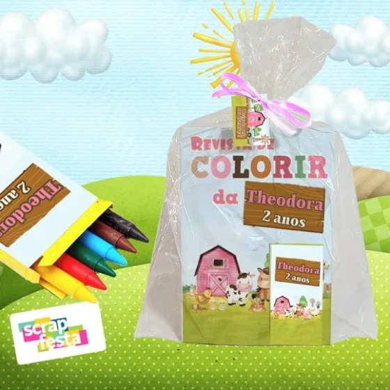 Revista Colorir+embalagem+giz Cera Festa Fazendinha Aquarela