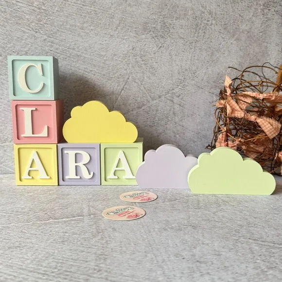 Nuvem Trio Decoração Bebê + Cubos 6x6cm Pastel Ts