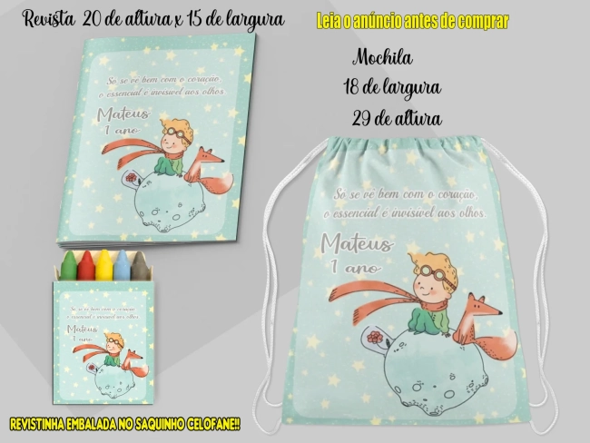 Kit Lembrancinhas Revista de Colorir e mochila personalizada do Pequeno Princípe