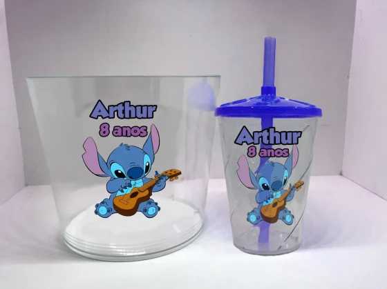 Kit Balde de Pipoca acrilico + Copo twister Personalizado do Stitch