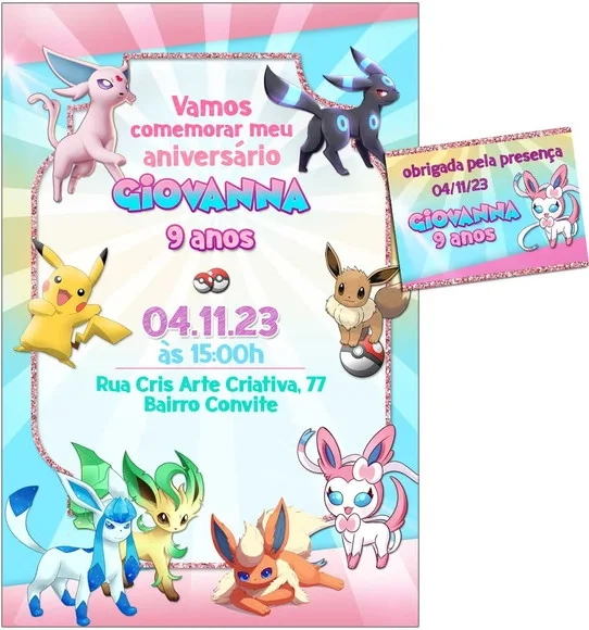 Convite Digital C/tag Pokemon Menina