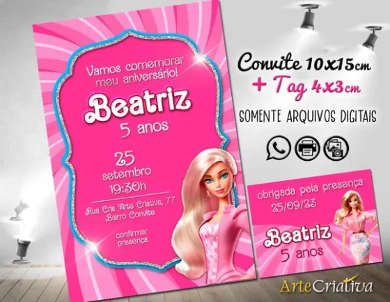 Convite Digital C/tag Boneca Barbie Rosa 7