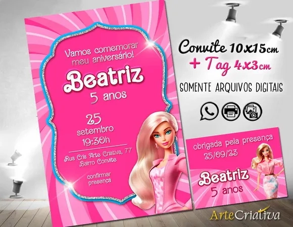 Convite Digital C/tag Boneca Barbie Rosa 7