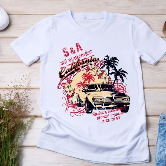 Camiseta Carro Vintage - Estampa California Tropical e Retrô