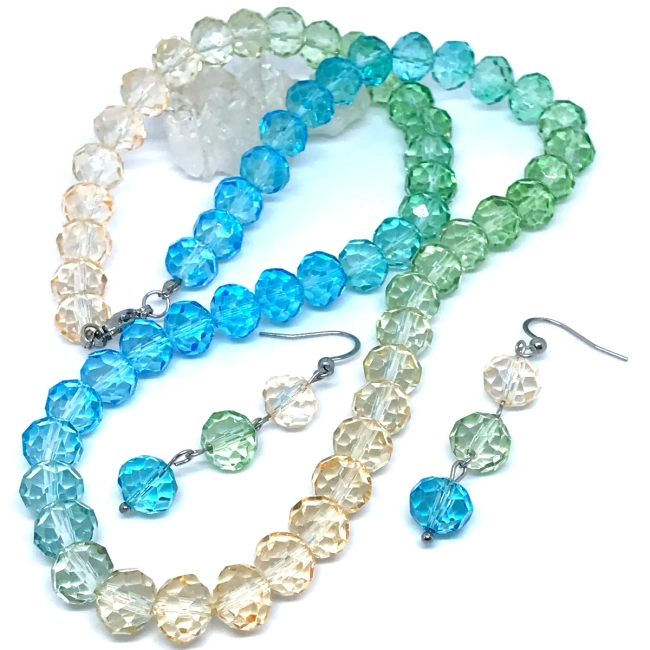 Conjunto Colar e Brincos Cristal Tie-Dye 10mm e Aço Inox