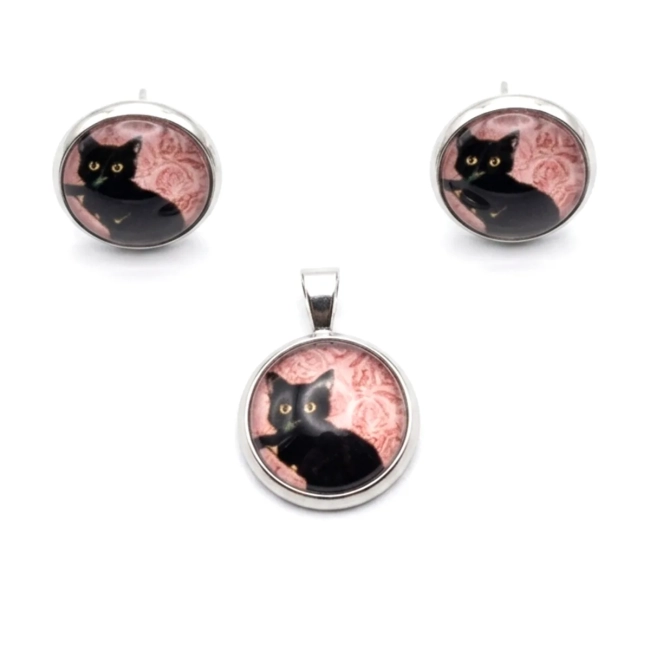 Conjunto Brinco e Pingente Gato em Aço Inox - Vários Modelos
