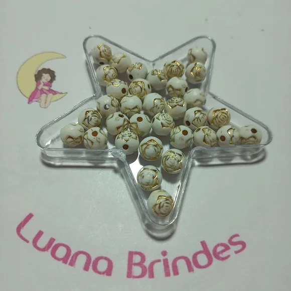 Bolinha Branca com Flor Dourada 8mm Pct 100 Unidades