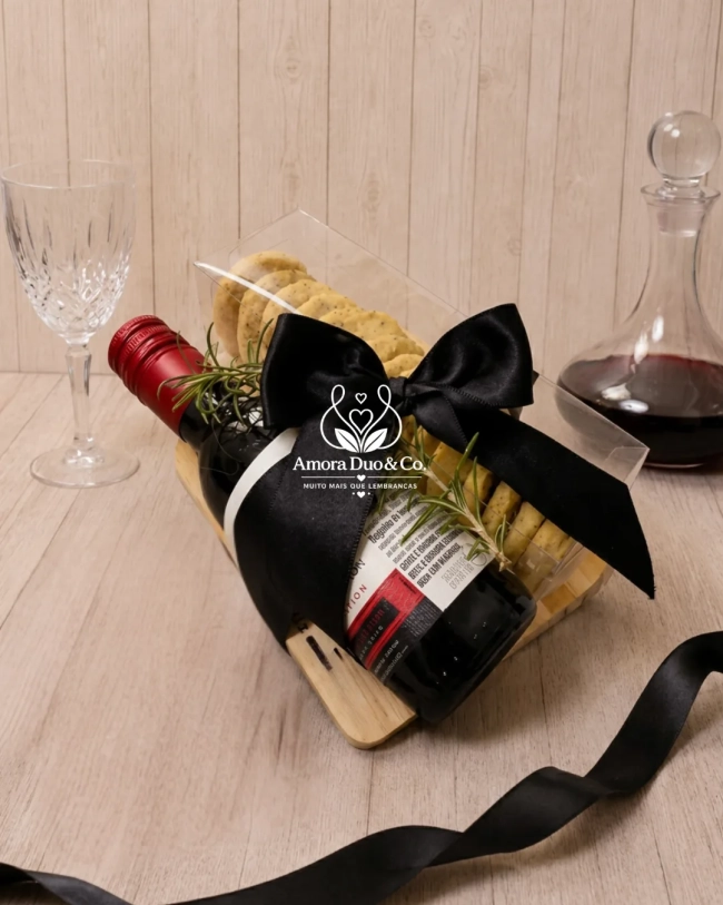 Kit Vinho com Tábua e Bolachas Artesanais