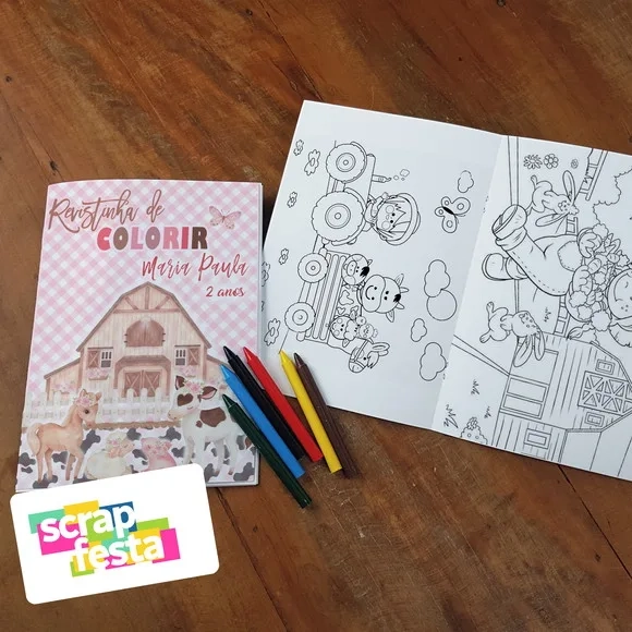 Revista Colorir+embalagem+giz Cera Festa Fazendinha Aquarela