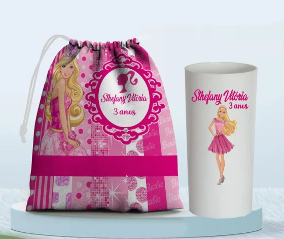 Kit Saquinho Surpresa e Copo Long Drink Personalizado da Barbie