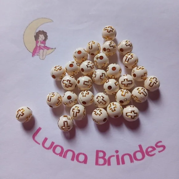 Bolinha Creme com Cruz Dourada 8mm Pct 100 Unidades