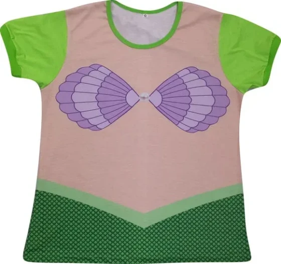 Blusa Adulto Fantasia Sereia Escamas Verdes com Biquíni de Conchas Roxas
