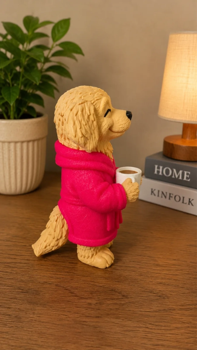 Cachorro Golden Tomando Café Decorativo em Impressão 3D