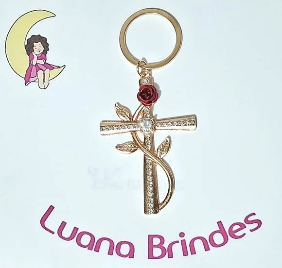 Chaveiro Crus e Rosa Metal Dourado Pacote com 1 Peça
