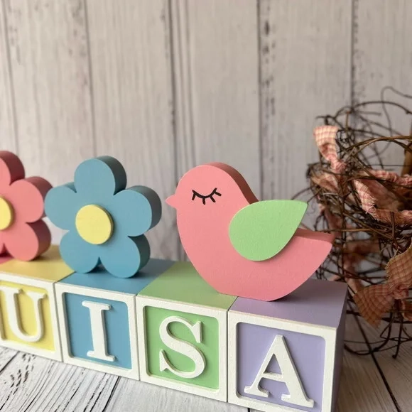 Decoração Bebê Cubos 6x6cmcandy T+dupla de Flor e Passarinho