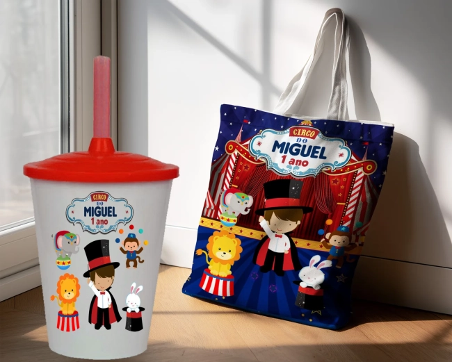 Kit Sacola Ecobag+ copo twister personalizado para lembrancinhas do Circo Safari