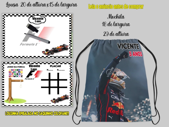 Kit Mochila e Lousa Magica para lembrancinhas Carros de corrida F1