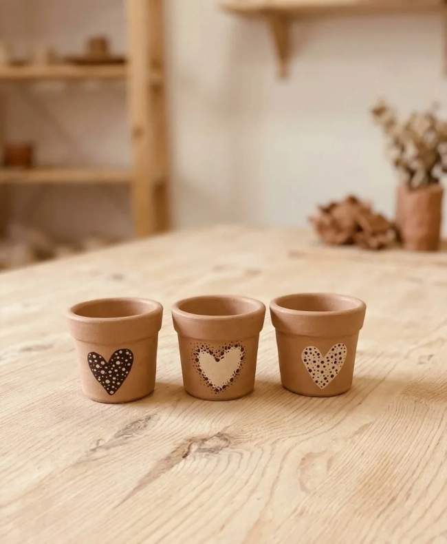 Kit 3 Mini Vasos Cachepô de Barro Coração Rústico Boho 7cm