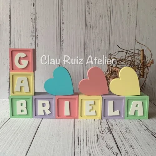 Decoração Bebê - Cubos 6x6cm Candy Ts + Trio de Coração